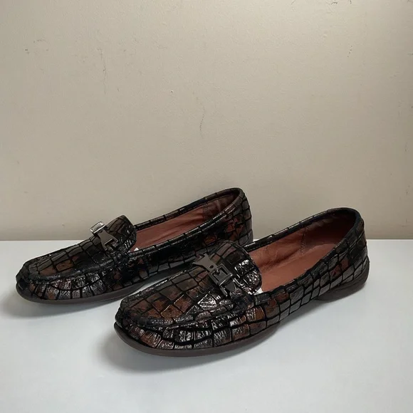 Donald J Pliner Croc Embossed Leather Loafers Women 7M Brown Slip On - Picture 3 of 9
